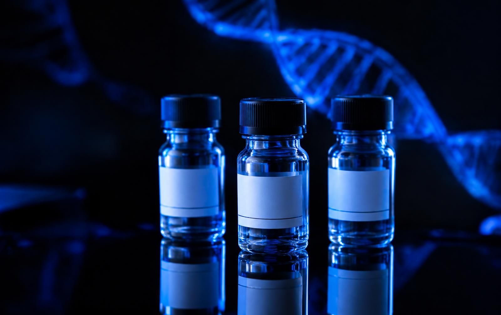 Research peptide vials under blue laboratory lighting